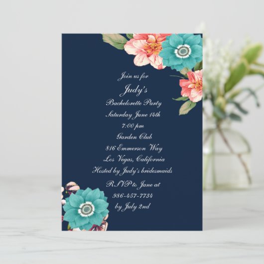 Blauwe en roze Floral Botanische Bachelorette Part Kaart (Staand voorkant)