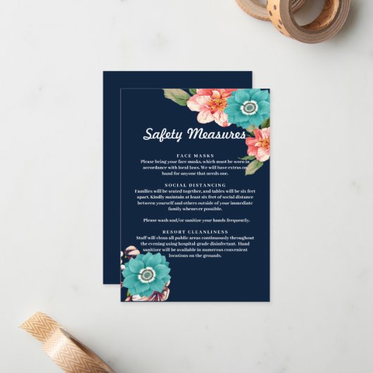 Blauwe en roze florale botanische veiligheidsmaatr notitiekaartje (Voorkant / Achterkant in situ)