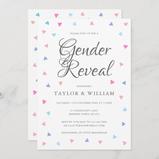 Blauwe en Roze Harten Gender Reveal Party Kaart (Voorkant / Achterkant)