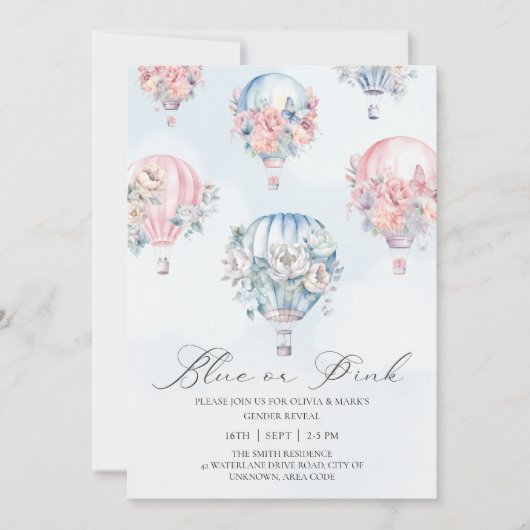 Blauwe en Roze Hete Luchtballonnen Geslacht Onthul Kaart (Voorkant)