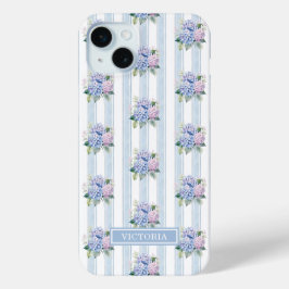 Blauwe en Roze Hortensia's met Initialen iPhone 15 Mini Hoesje