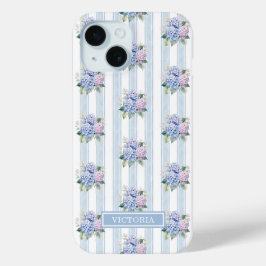 Blauwe en Roze Hortensia's met Initialen iPhone 15 Case