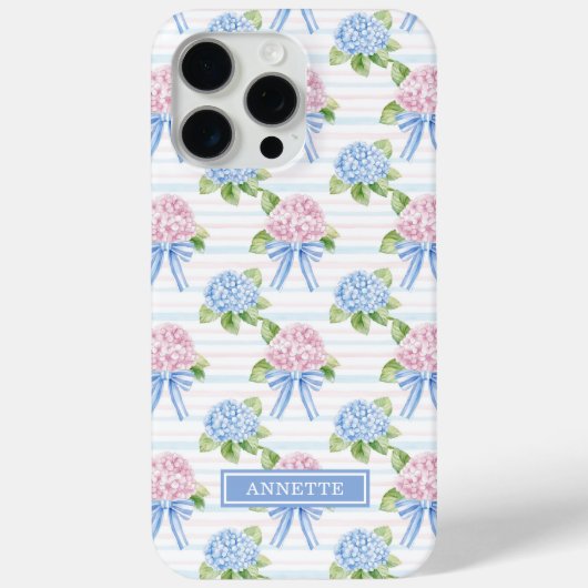 Blauwe en Roze Hydrangea Gestreepte Case-Mate iPhone Case (Achterkant)