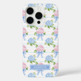 Blauwe en Roze Hydrangea Gestreepte iPhone 16 Pro Hoesje