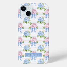 Blauwe en Roze Hydrangea Gestreepte iPhone 15 Mini Hoesje