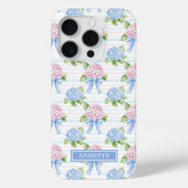 Blauwe en Roze Hydrangea Gestreepte iPhone 15 Pro Case