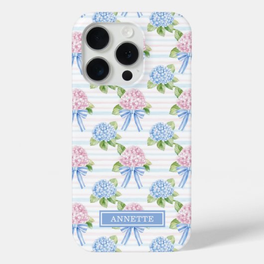 Blauwe en Roze Hydrangea Gestreepte Case-Mate iPhone Case (Achterkant)
