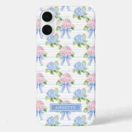 Blauwe en Roze Hydrangea Gestreepte iPhone 16 Plus Hoesje