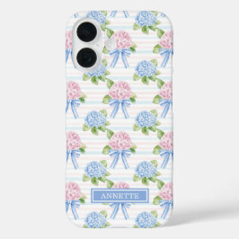 Blauwe en Roze Hydrangea Gestreepte iPhone 16 Hoesje