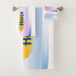 Blauwe en roze keukenset bad handdoek