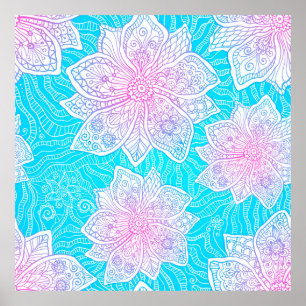 Blauwe en roze kleuren  bloemen naadloos poster