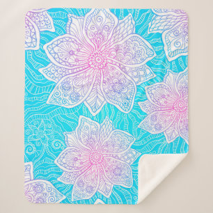 Blauwe en roze kleuren bloemen naadloos sherpa deken