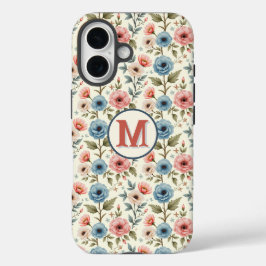 Blauwe en roze lente bloemen fantasie iPhone 16 hoesje