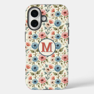 Blauwe en roze lente bloemen fantasie iPhone 16 hoesje