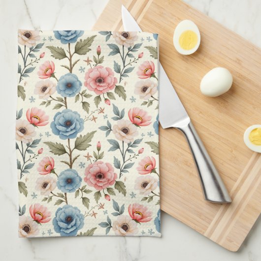 Blauwe en roze lente bloemen fantasie theedoek (Quarter Fold)