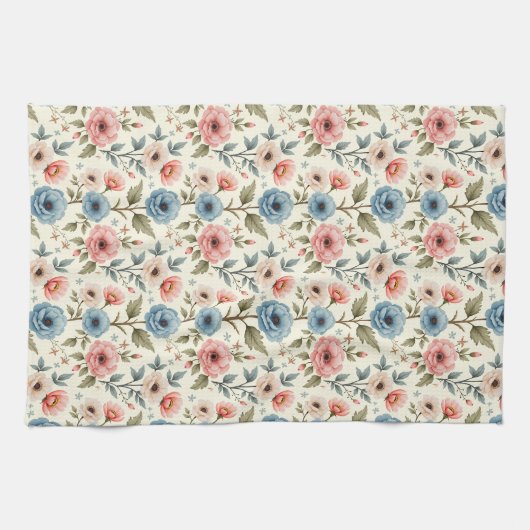 Blauwe en roze lente bloemen fantasie theedoek (Horizontaal)