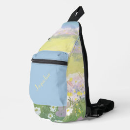 Blauwe en roze lente weiden achtergrond sling bag