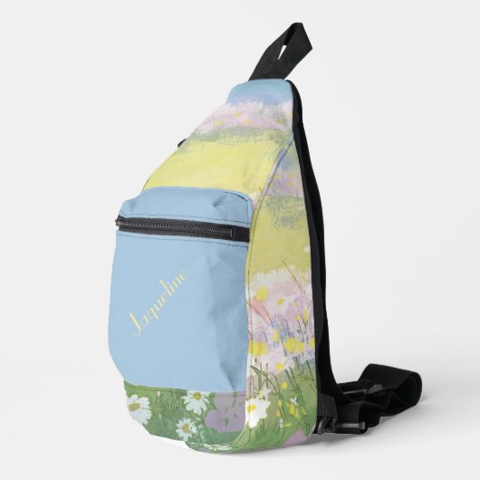 Blauwe en roze lente weiden achtergrond sling bag (Rechterhoek)