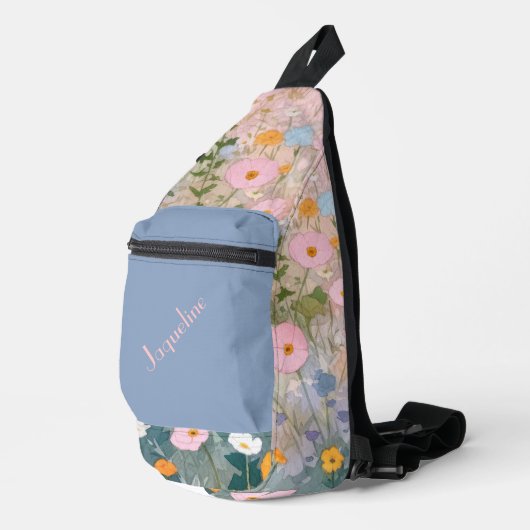 Blauwe en roze lente weiden achtergrond sling bag (Rechterhoek)