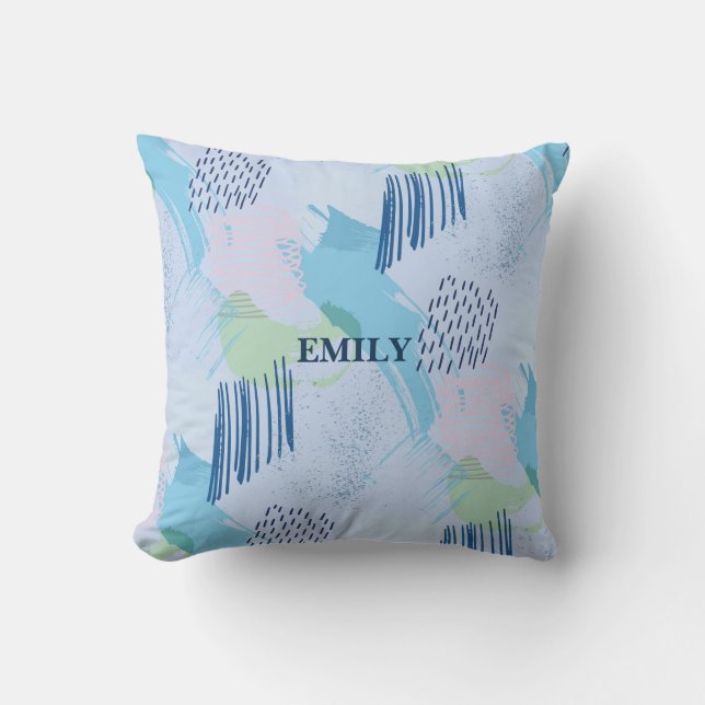 Blauwe en roze lijnen en spiralen kussen (Voorkant)