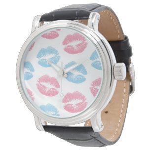 Blauwe en Roze Lippen Patroon, Lippenstift, Kus Horloge