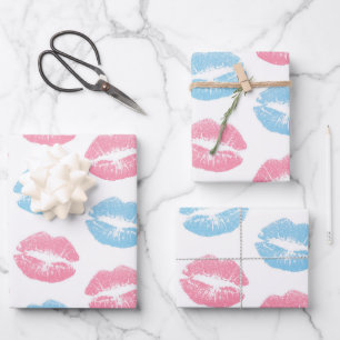 Blauwe en Roze Lippen Patroon, Lippenstift, Kus Inpakpapier Vel