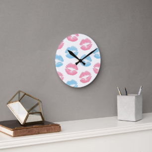 Blauwe en Roze Lippen Patroon, Lippenstift, Kus Ronde Klok
