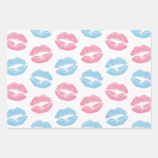 Blauwe en Roze Lippenpatroon, Lippenstift, Kus Inpakpapier Vel (Voorkant 2)