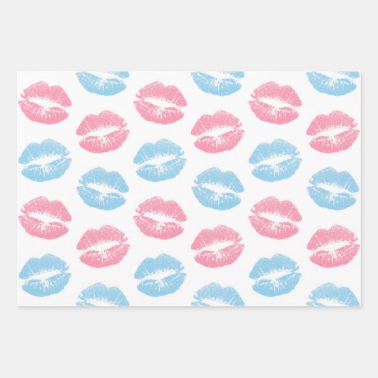 Blauwe en Roze Lippenpatroon, Lippenstift, Kus Inpakpapier Vel (Voorkant)