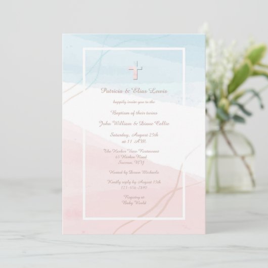 Blauwe en roze moderne religieuze uitnodiging (Staand voorkant)