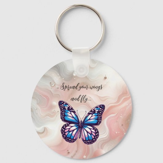 Blauwe en Roze Monarchvlinder met Gezegde Sleutelhanger (Voorkant)