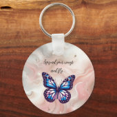 Blauwe en Roze Monarchvlinder met Gezegde Sleutelhanger (Voorkant)