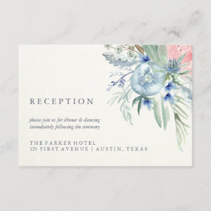 Blauwe en Roze Pioen Waterverf Bruiloft Receptie Informatiekaartje