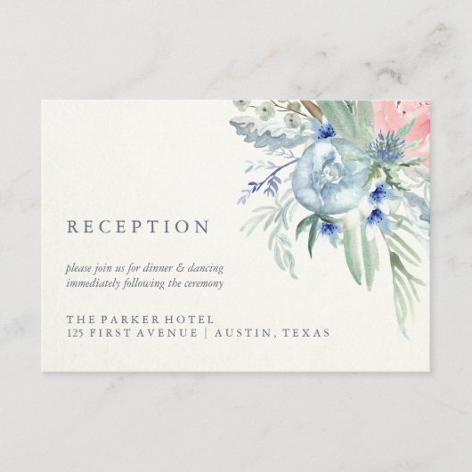 Blauwe en Roze Pioen Waterverf Bruiloft Receptie Informatiekaartje (Voorkant)