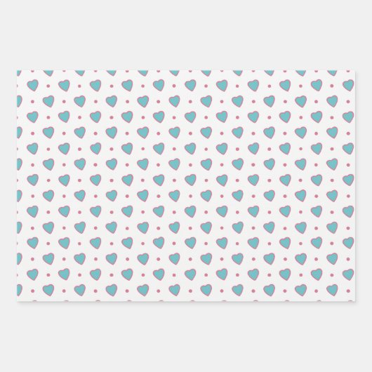 Blauwe en Roze Polka Dots en Harten Valentijnse Inpakpapier Vel (Voorkant 3)