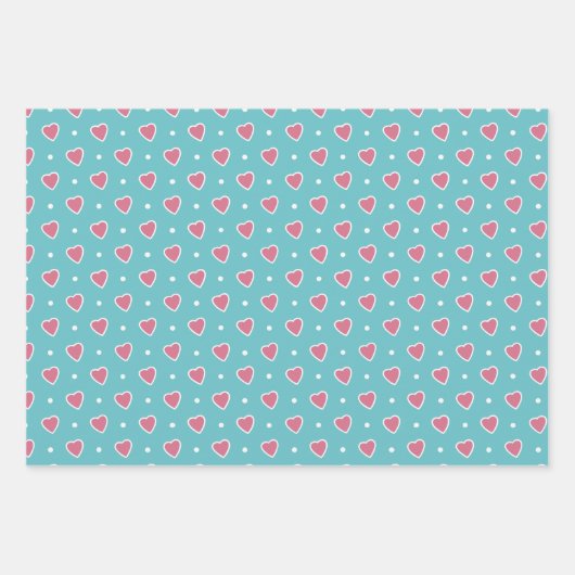 Blauwe en Roze Polka Dots en Harten Valentijnse Inpakpapier Vel (Voorkant)