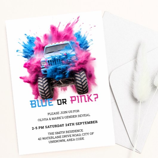 Blauwe en Roze Rookvrachtwagen Auto Baby Gender Re Kaart
