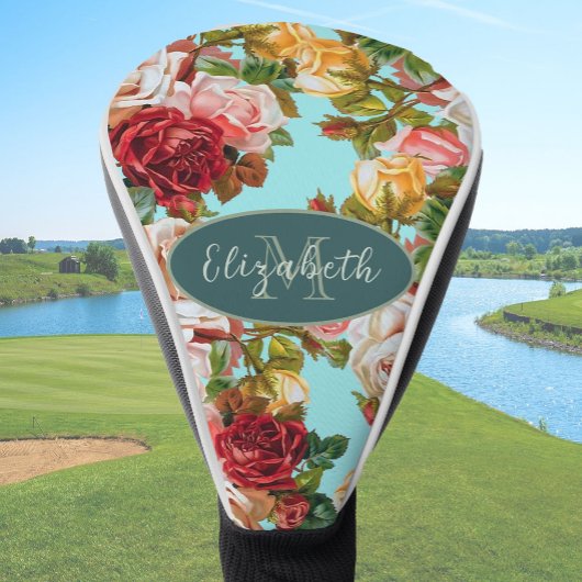 Blauwe en Roze Rozen Custom Monogram en Naam Golfheadcover