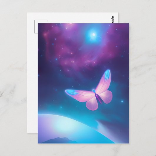 Blauwe en roze ruimtevlinder briefkaart (Voorkant / Achterkant)