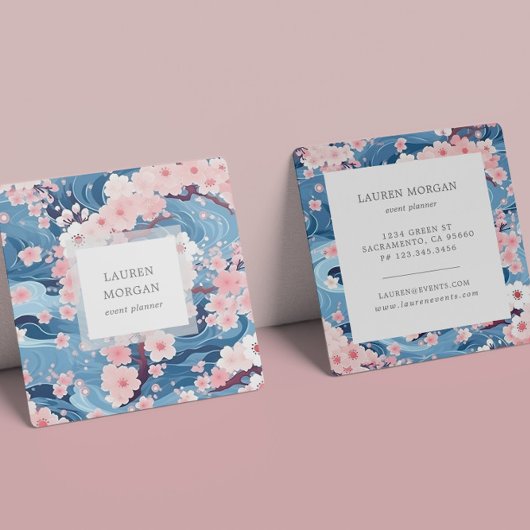 Blauwe en roze sakura bloemen vierkante visitekaartje