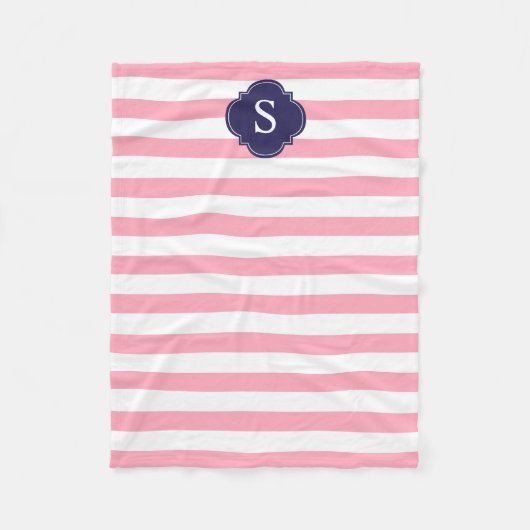 Blauwe en roze strepen monogram fleece deken (Voorkant)