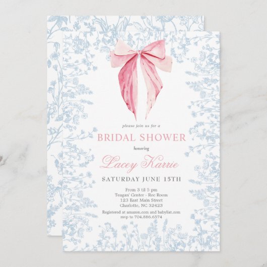 Blauwe en roze strik Bruids Douche uitnodiging (Voorkant / Achterkant)