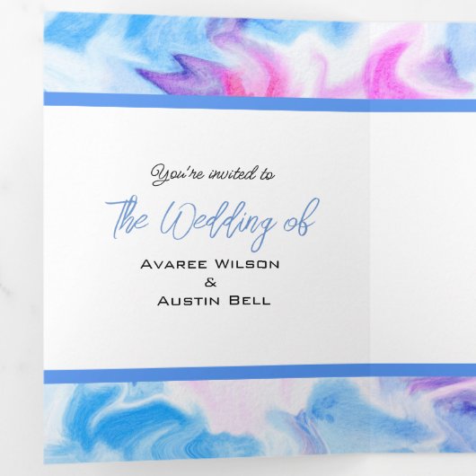 Blauwe en Roze Tie Dye Drieluik Uitnodiging (Binnenzijde eerst)