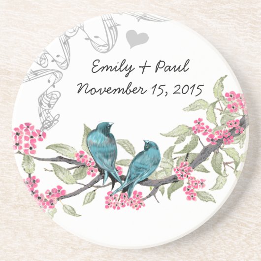 Blauwe en roze  Tortelduifjes Onderzetters (Voorkant)