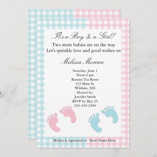 Blauwe en roze tweelinginkten — Uitnodiging voor d (Voorkant / Achterkant)