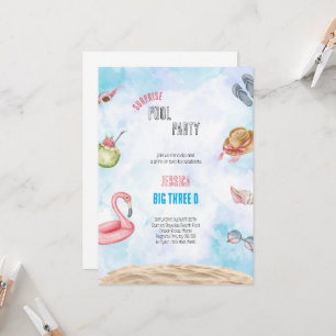 BLAUWE EN ROZE VERJAARDAG WATERVERF STRAND UITNODI KAART