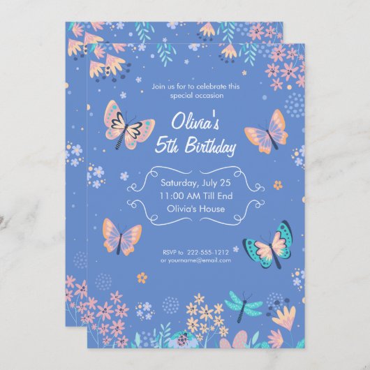 Blauwe en roze vlinder verjaardag, pastel vlinder kaart (Voorkant / Achterkant)