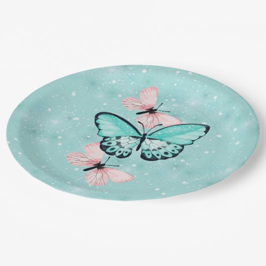 Blauwe en roze vlinders papieren bordje (Gekanteld)