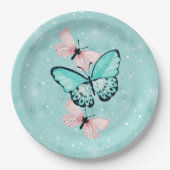 Blauwe en roze vlinders papieren bordje (Voorkant)