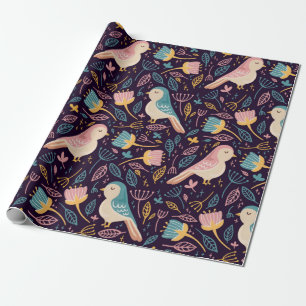 Blauwe en roze vogels met bloemen en bladeren op d cadeaupapier